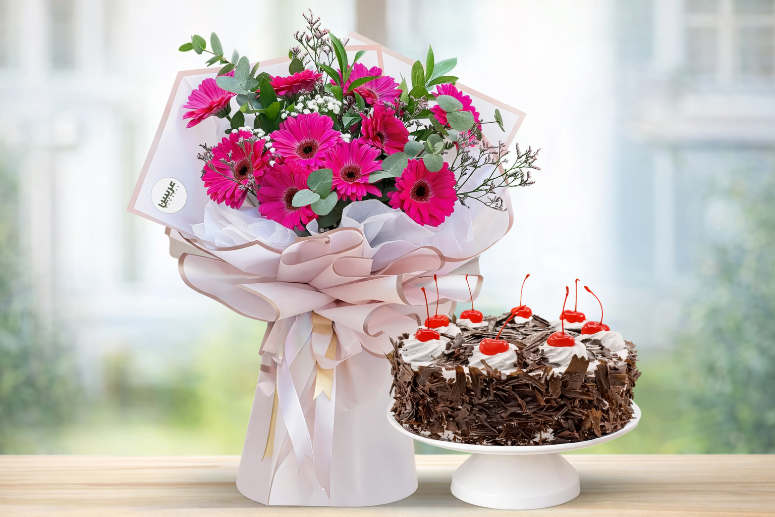 Bouquet of 10 Pink Gerberas with Black Forest Cake