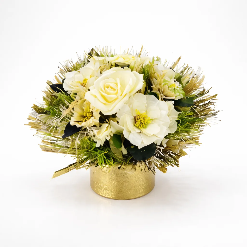 white Dry Flowers Bouquet with golden Color Pot