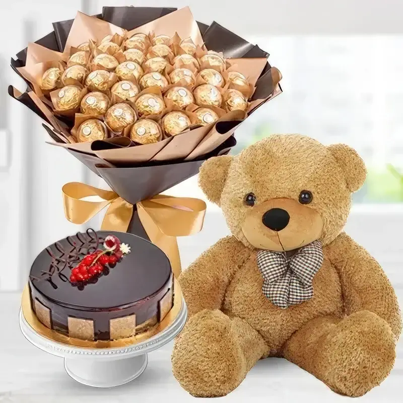 18 inch Teddy, 32 Pcs Ferrero Rocher & 1 Kg Chocolate Cake