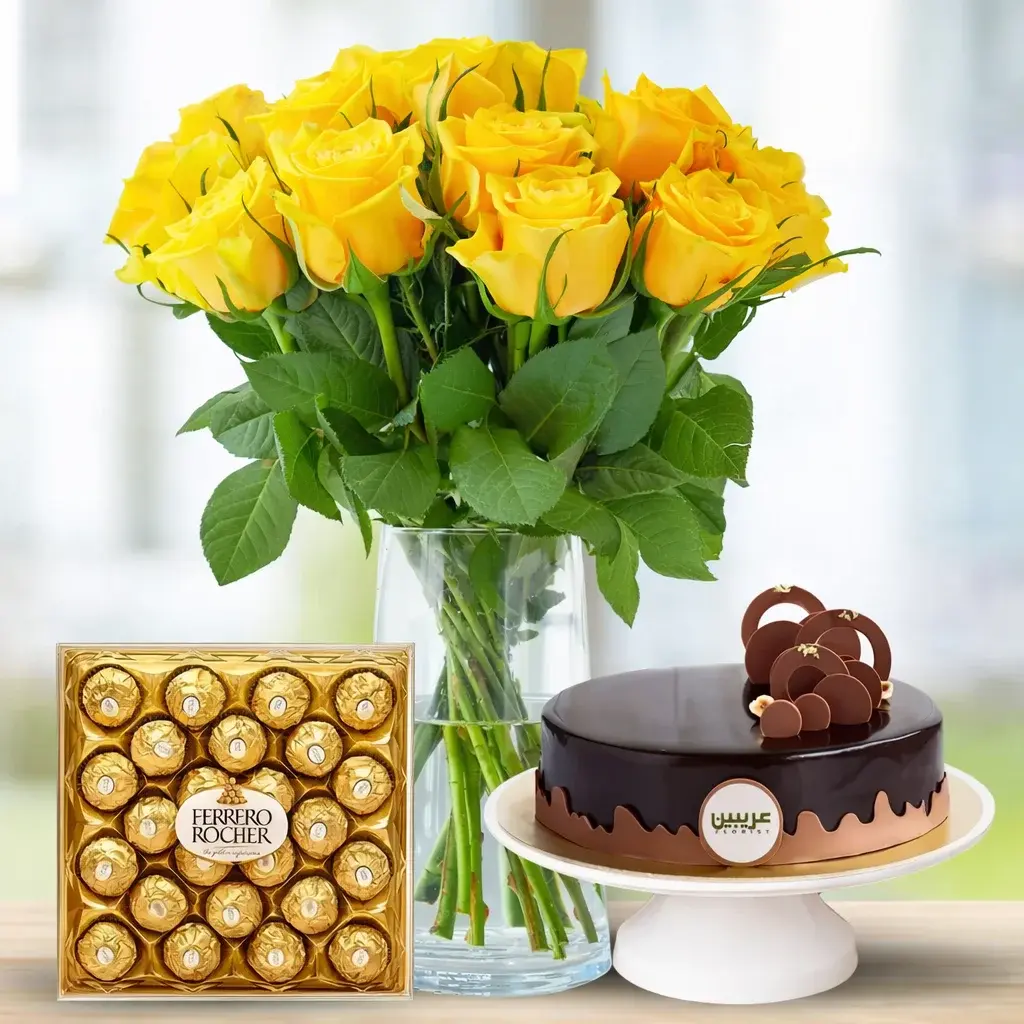 20 Yellow Roses in Vase with Cake & Ferrero Rocher