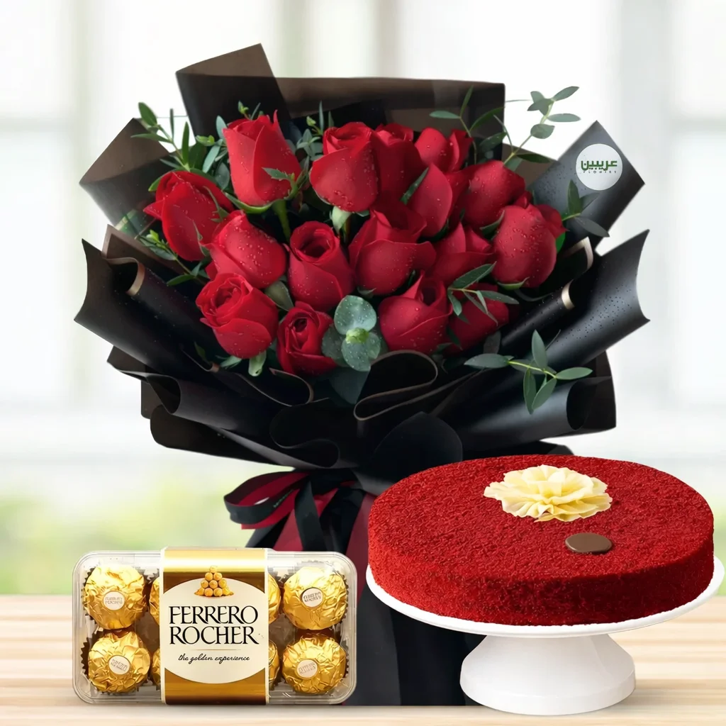 Bouquet of Red Rose, Red Velvet Cake & Ferrero Rocher
