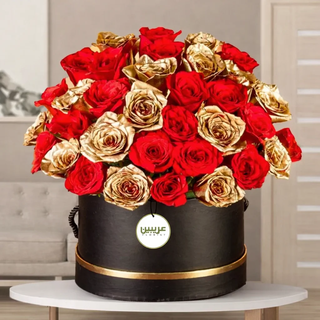 35 Red & Gold Roses in Round Black Box