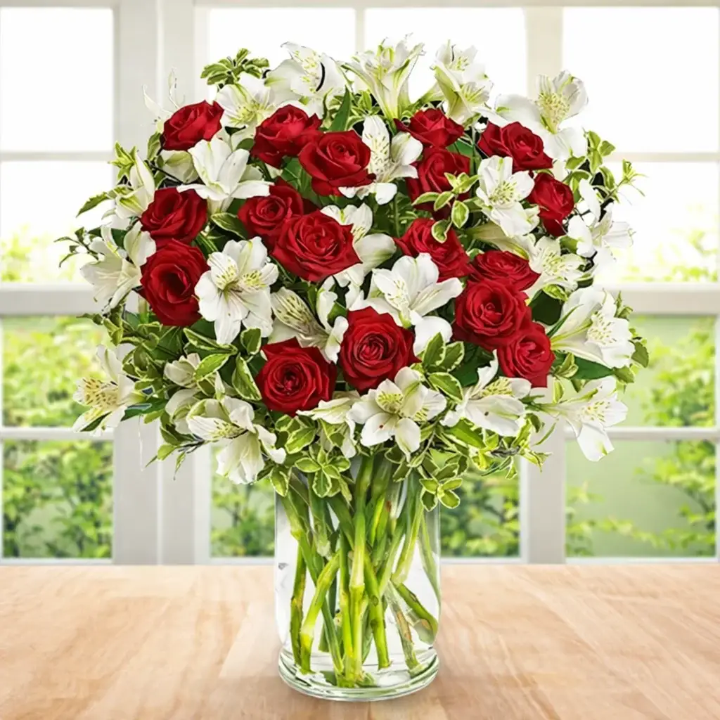 Vase of 20 Red Roses & 10 White Alstroemeria
