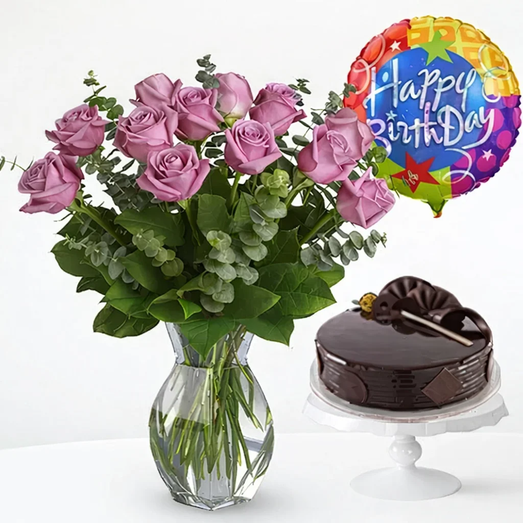 20 Stem Bouquet Purple Roses With Cake & Balloon