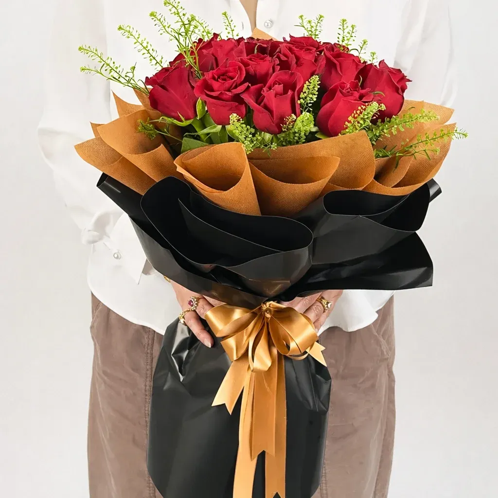 15 Stems Red Roses Bouquet With Green Fillers & Ribbon