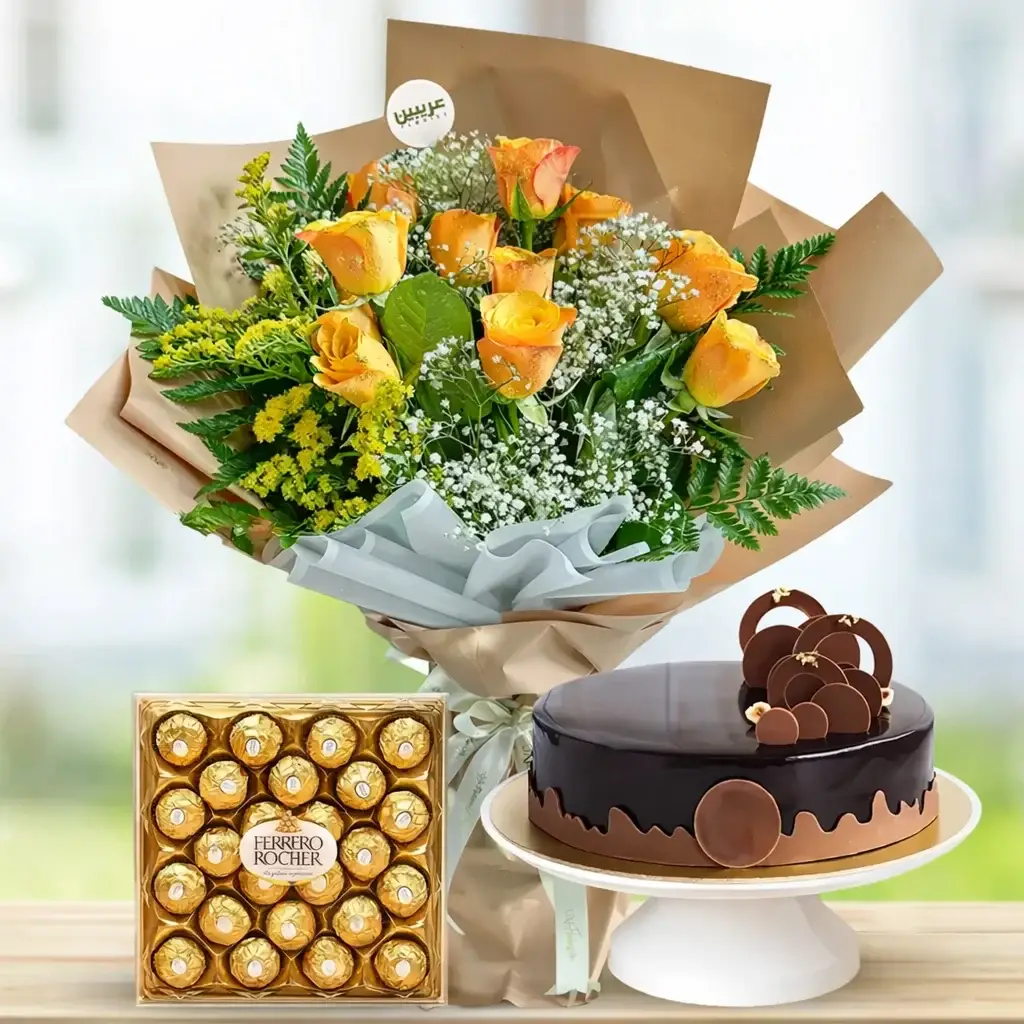 12 Orange Roses With Cake & Chocolates