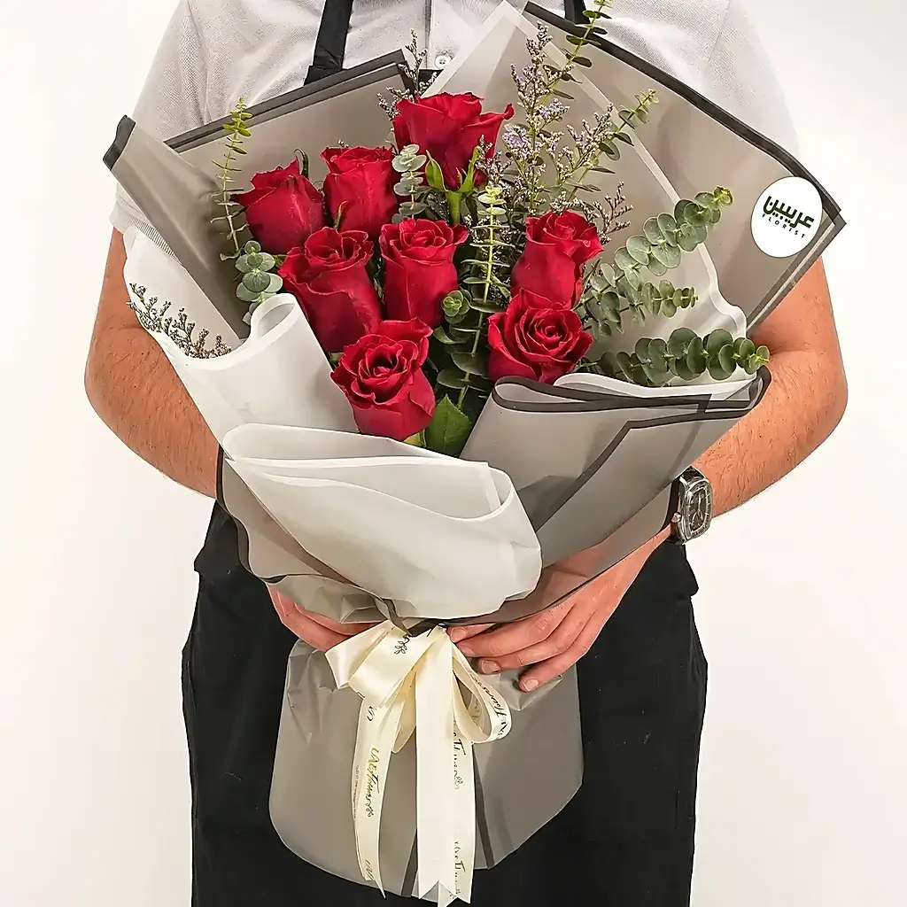 10 Red Rose Bouquet with Eucalyptus Charm