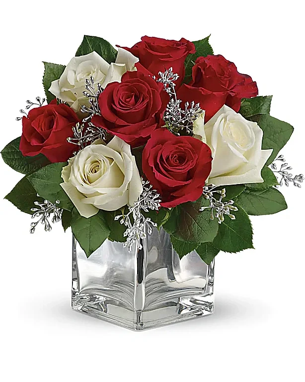 12 Bloom Red & White Roses in Vase