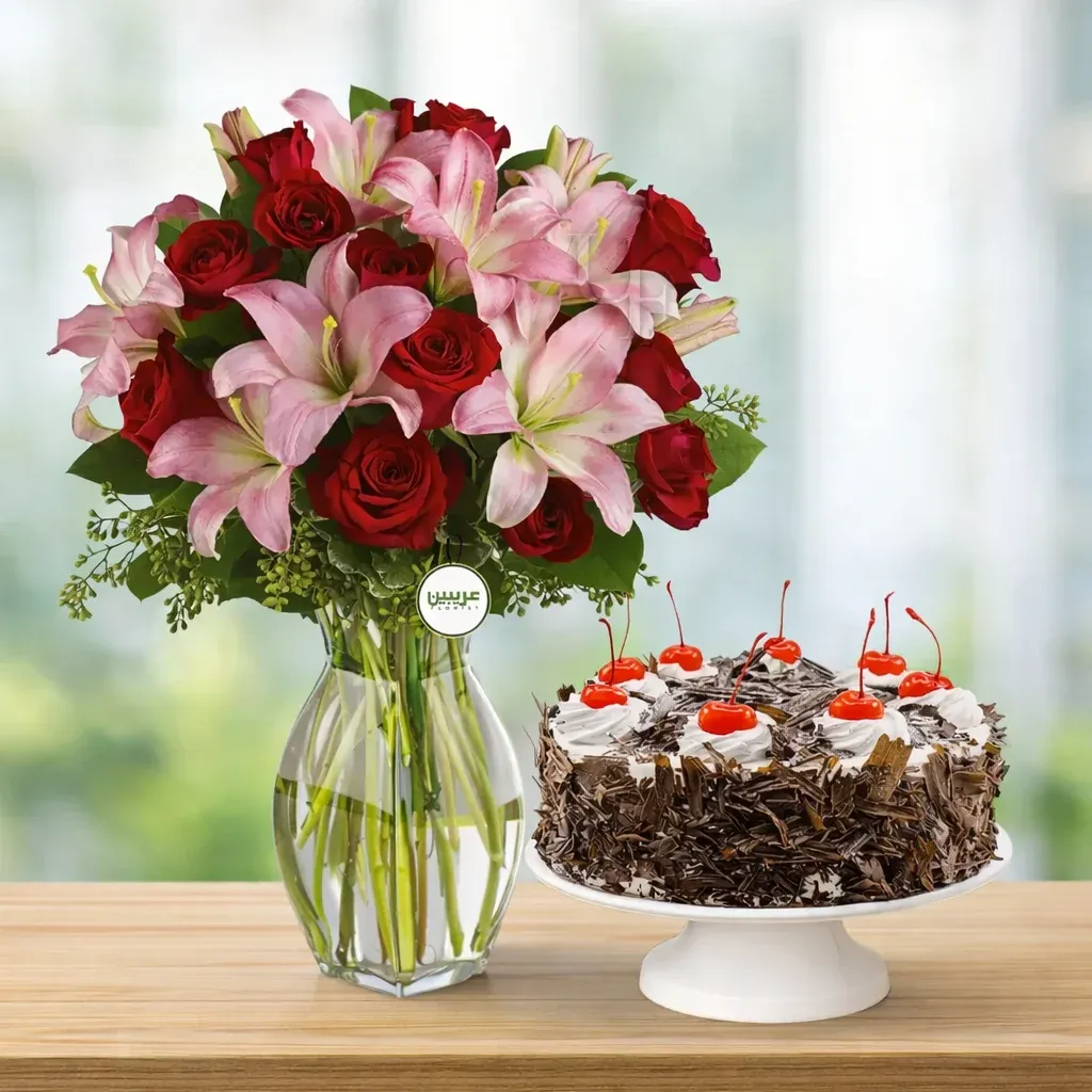 10 Bloom Red Roses & Lilies with Black Forest Cake