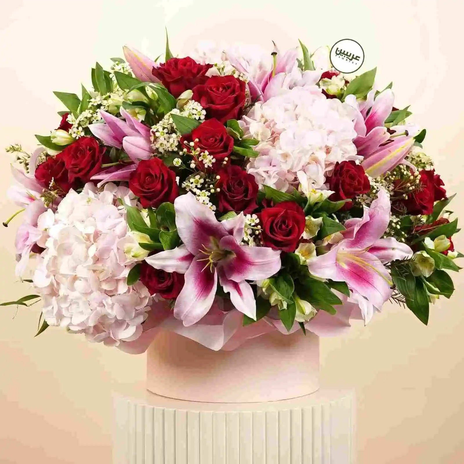 24 Bloom with Pink Hydrangeas, Lilies & Red Roses Bouquet