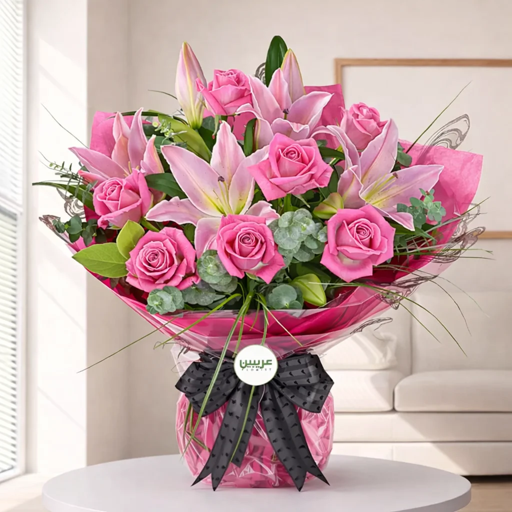 Bouquet of 10 Pink Blooms, Lilies & Roses in Elegant Wrap