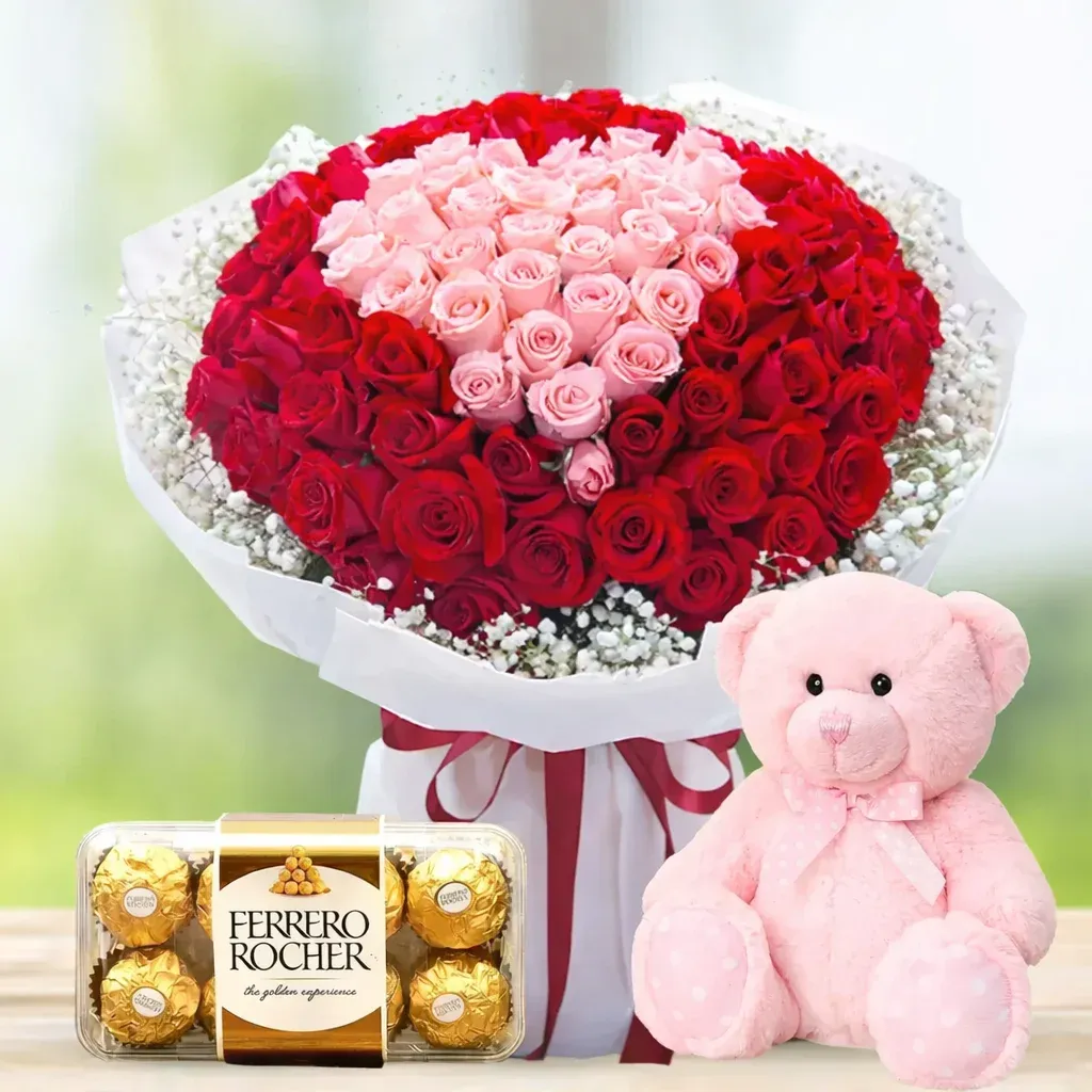 75 Roses Bouqet with Ferrero Rocher & Teddy