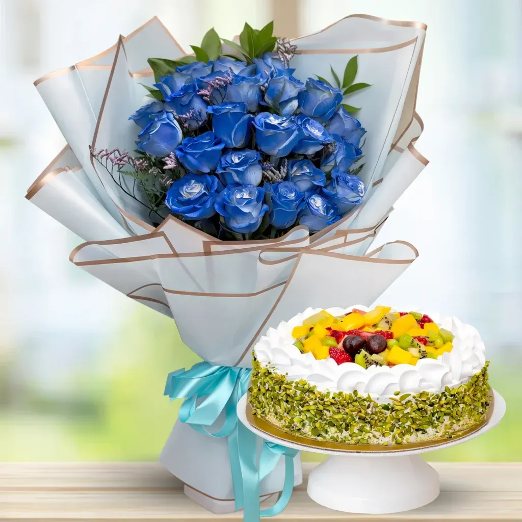 Bouquet of 25 Blue Roses with Fresh Fruit Cake