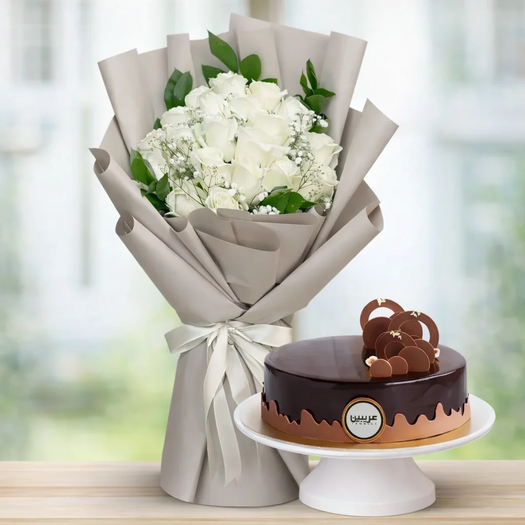 20 White Roses bouquet with Chocolate Cake