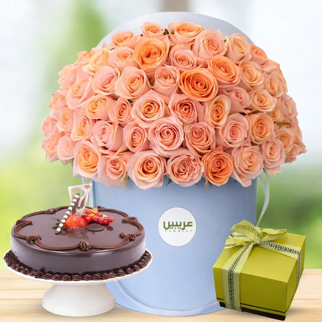 Peach Rose Box with Cake & Patchi Chocolates
