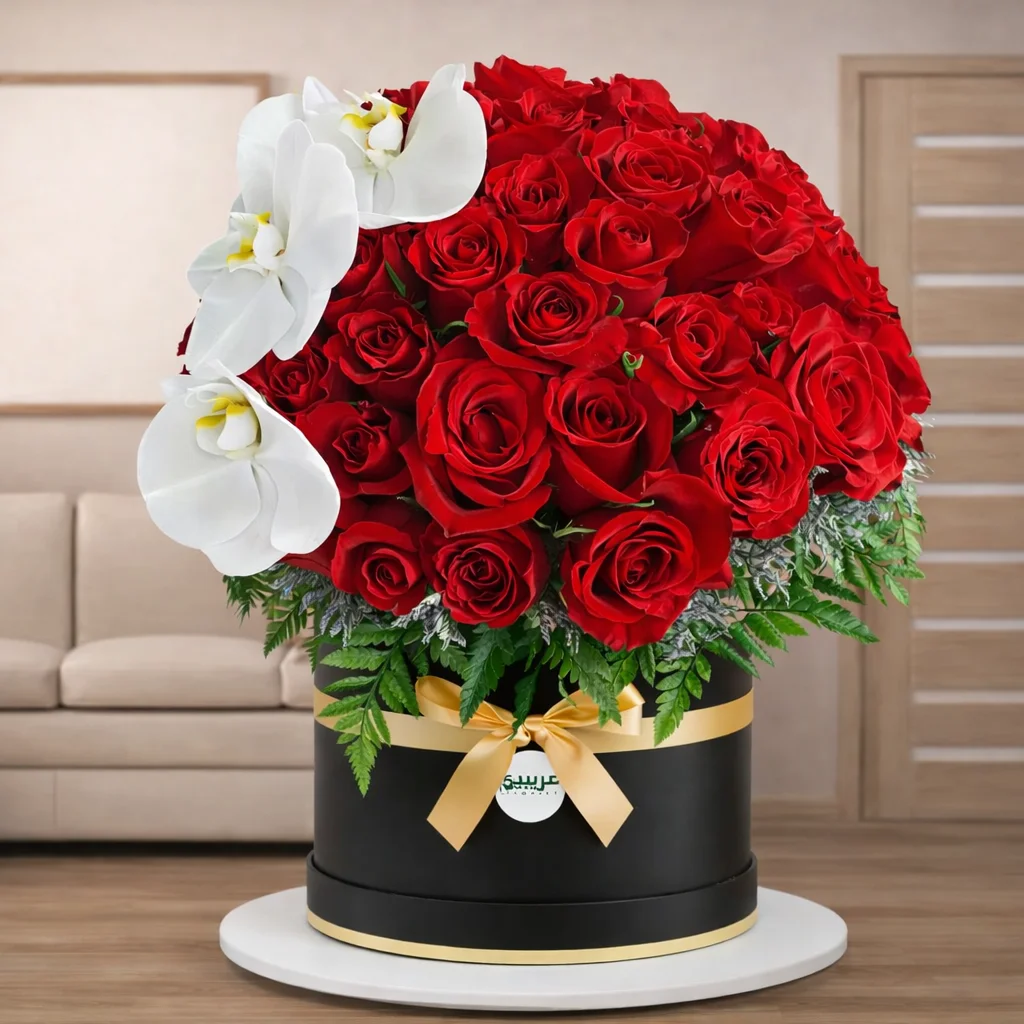 Red Roses & White Phalaenopsis Orchid in a Round Box
